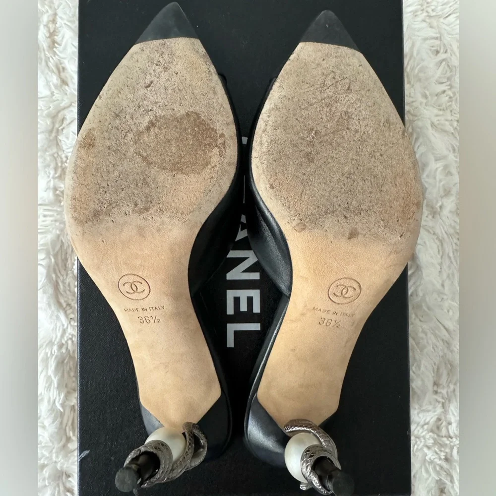 Black Chanel Interlocking CC Logo Mules with Faux Pearl and Snake Accents - Picture 6 of 9